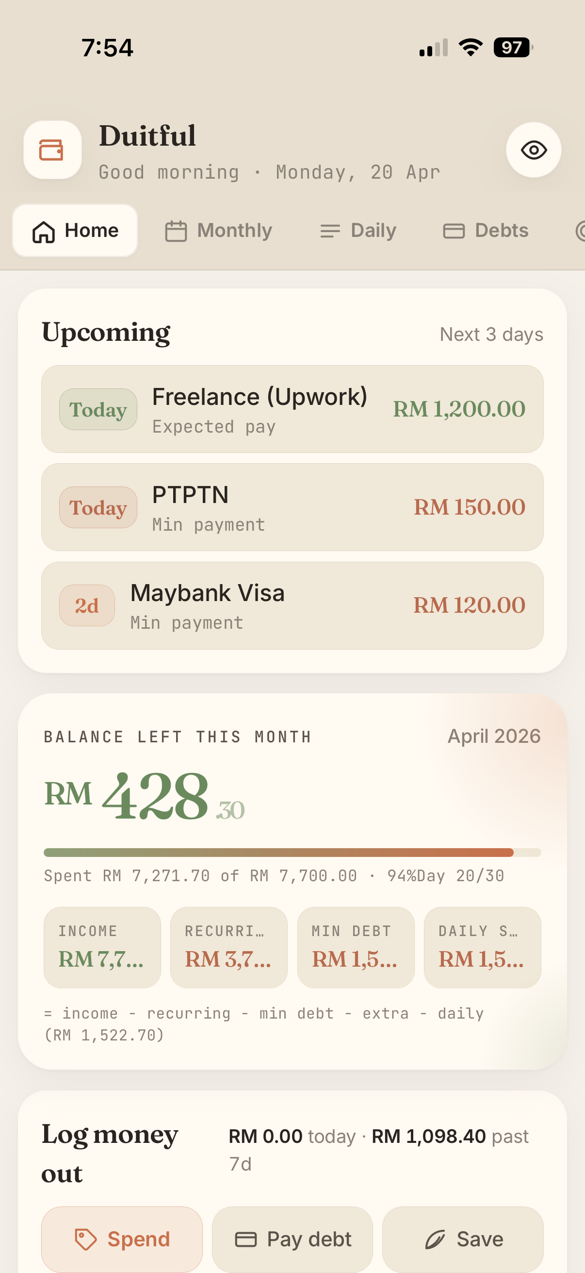 Duitful home screen showing RM 428.30 balance left for the month, upcoming freelance income and debt payments